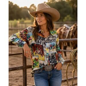 August Max Woman Shirt 100% Silk Western Cowboy Scenic Print Button Down  2X